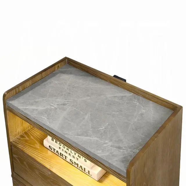 Alt view image 6 of 7 - Transitional Brown Finish Nightstand With Led Light Usb Ports Wooden Bedroom Furniture 1Pc Bedside Cabinet Drawer Shelf