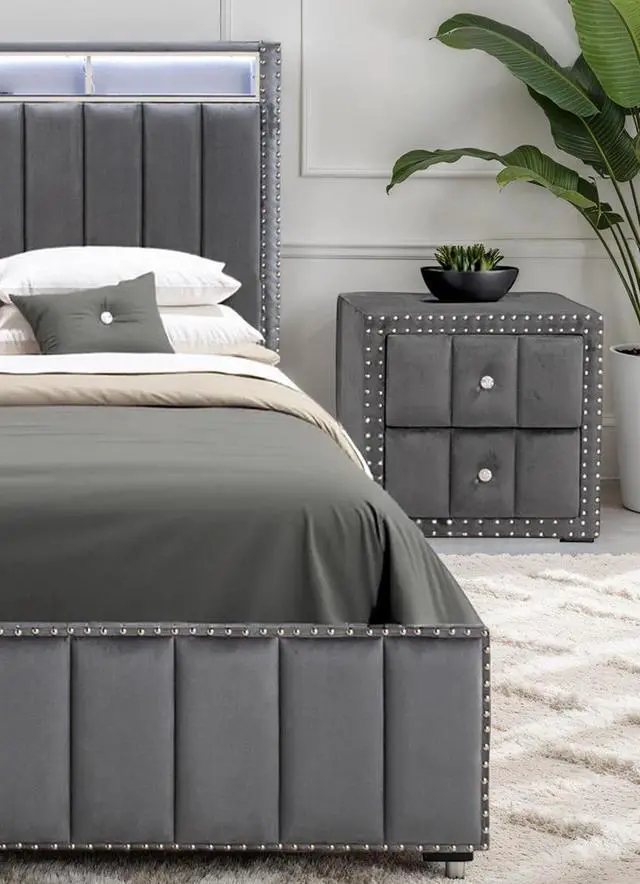 Alt view image 3 of 6 - Dark Gray Color Contemporary Style 1Pc Nightstand Crystal-Like Knobs Vertical Channel Tufting Nailhead Trim Fabric Bedside Table Bedroom Furniture
