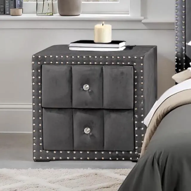Alt view image 2 of 6 - Dark Gray Color Contemporary Style 1Pc Nightstand Crystal-Like Knobs Vertical Channel Tufting Nailhead Trim Fabric Bedside Table Bedroom Furniture