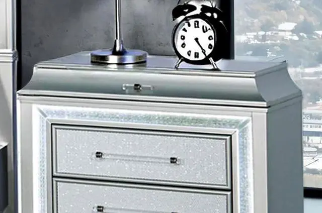 Alt view image 3 of 6 - Glam Style 1Pc Nightstand Acrylic Handles Led Light Faux Crystal Trim Gray Finish Bedroom Furniture