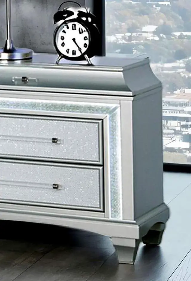 Alt view image 4 of 6 - Glam Style 1Pc Nightstand Acrylic Handles Led Light Faux Crystal Trim Gray Finish Bedroom Furniture