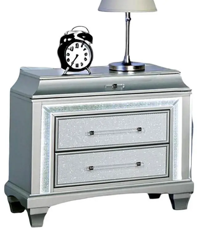 Alt view image 2 of 6 - Glam Style 1Pc Nightstand Acrylic Handles Led Light Faux Crystal Trim Gray Finish Bedroom Furniture