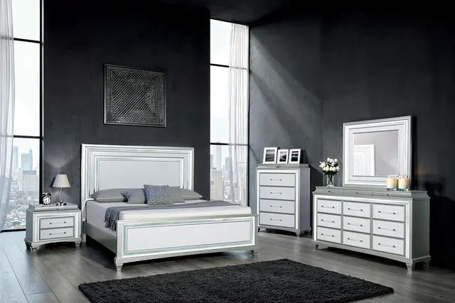 Alt view image 6 of 6 - Glam Style 1Pc Nightstand Acrylic Handles Led Light Faux Crystal Trim Gray Finish Bedroom Furniture