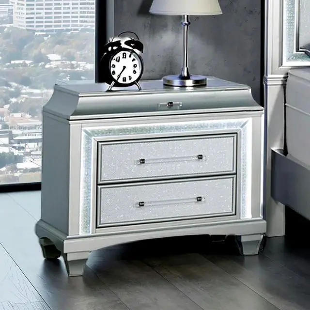 Main image of Glam Style 1Pc Nightstand Acrylic Handles Led Light Faux Crystal Trim Gray Finish Bedroom Furniture