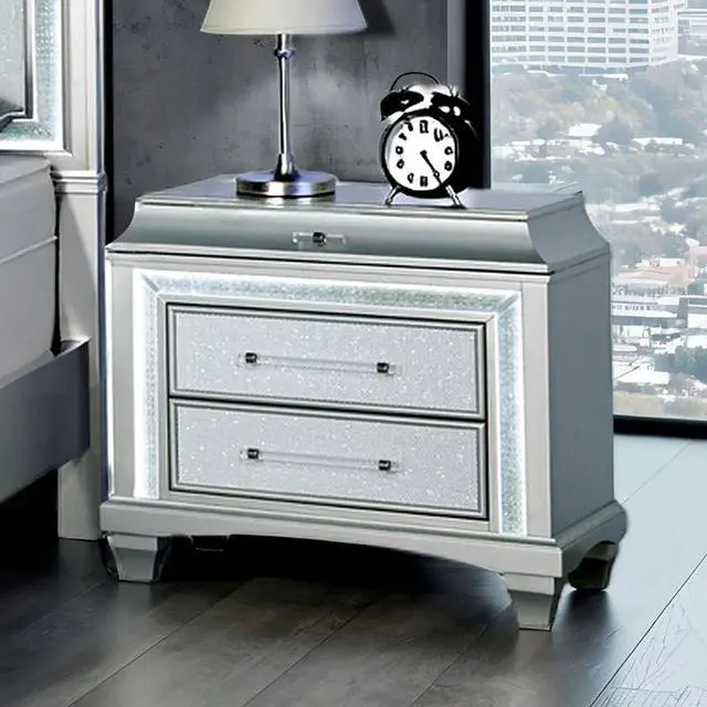 Alt view image 5 of 6 - Glam Style 1Pc Nightstand Acrylic Handles Led Light Faux Crystal Trim Gray Finish Bedroom Furniture