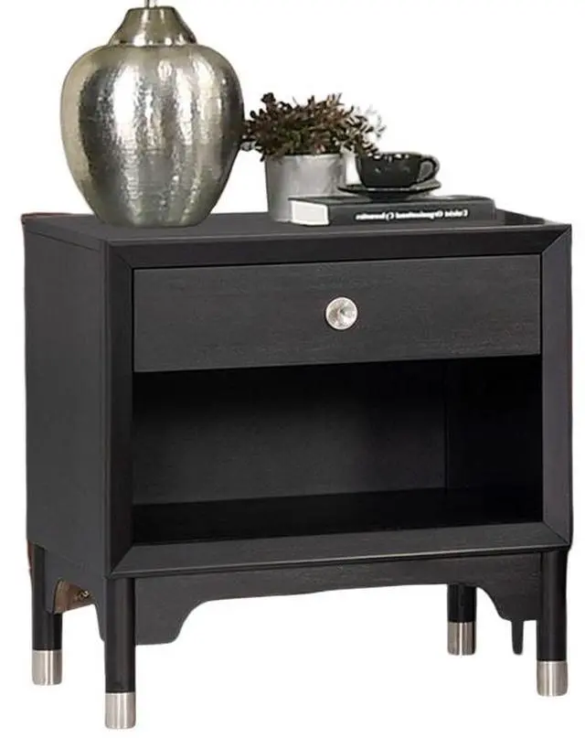 Alt view image 2 of 7 - Mid-Century Modern Style 1Pc Nightstand Silver Capped Legs Round Knobs Usb Charging Port Black Finish Bedroom Furniture