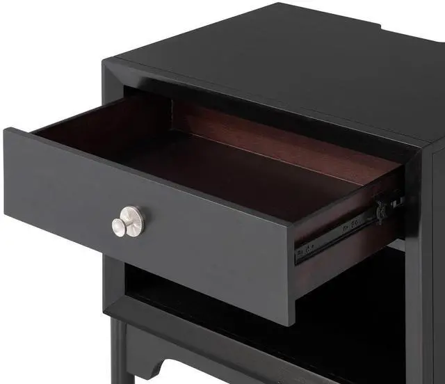 Alt view image 5 of 7 - Mid-Century Modern Style 1Pc Nightstand Silver Capped Legs Round Knobs Usb Charging Port Black Finish Bedroom Furniture