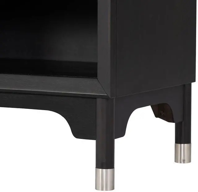 Alt view image 6 of 7 - Mid-Century Modern Style 1Pc Nightstand Silver Capped Legs Round Knobs Usb Charging Port Black Finish Bedroom Furniture