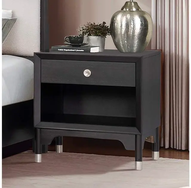 Alt view image 7 of 7 - Mid-Century Modern Style 1Pc Nightstand Silver Capped Legs Round Knobs Usb Charging Port Black Finish Bedroom Furniture
