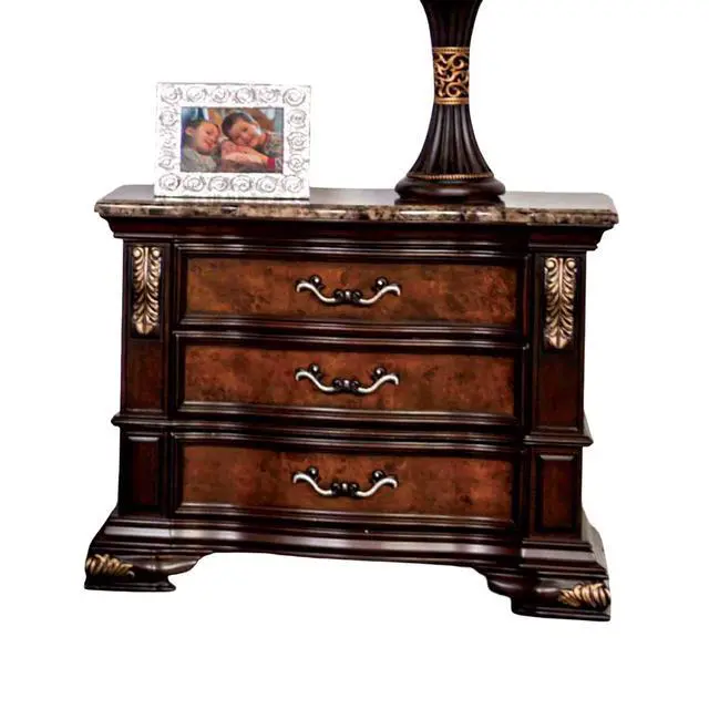 Alt view image 2 of 7 - Traditional Style 1Pc Nightstand Sintered Stone Top Usb Port Gold Carved Details English Dovetail Drawers Dark Cherry And Oak Finish Bedroom Furniture