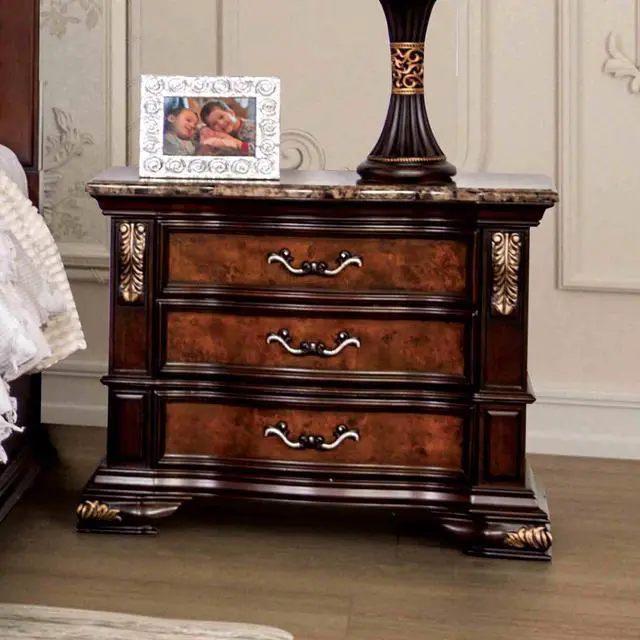 Main image of Traditional Style 1Pc Nightstand Sintered Stone Top Usb Port Gold Carved Details English Dovetail Drawers Dark Cherry And Oak Finish Bedroom Furniture