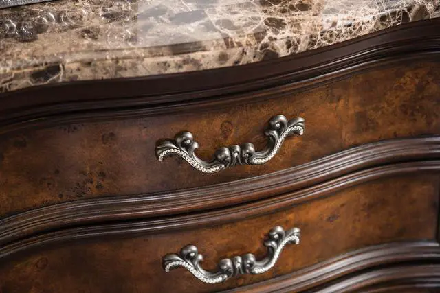 Alt view image 3 of 7 - Traditional Style 1Pc Nightstand Sintered Stone Top Usb Port Gold Carved Details English Dovetail Drawers Dark Cherry And Oak Finish Bedroom Furniture