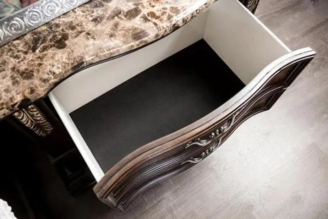 Alt view image 4 of 7 - Traditional Style 1Pc Nightstand Sintered Stone Top Usb Port Gold Carved Details English Dovetail Drawers Dark Cherry And Oak Finish Bedroom Furniture