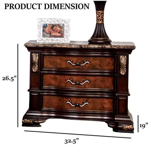 Alt view image 5 of 7 - Traditional Style 1Pc Nightstand Sintered Stone Top Usb Port Gold Carved Details English Dovetail Drawers Dark Cherry And Oak Finish Bedroom Furniture