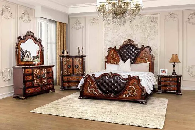 Alt view image 7 of 7 - Traditional Style 1Pc Nightstand Sintered Stone Top Usb Port Gold Carved Details English Dovetail Drawers Dark Cherry And Oak Finish Bedroom Furniture