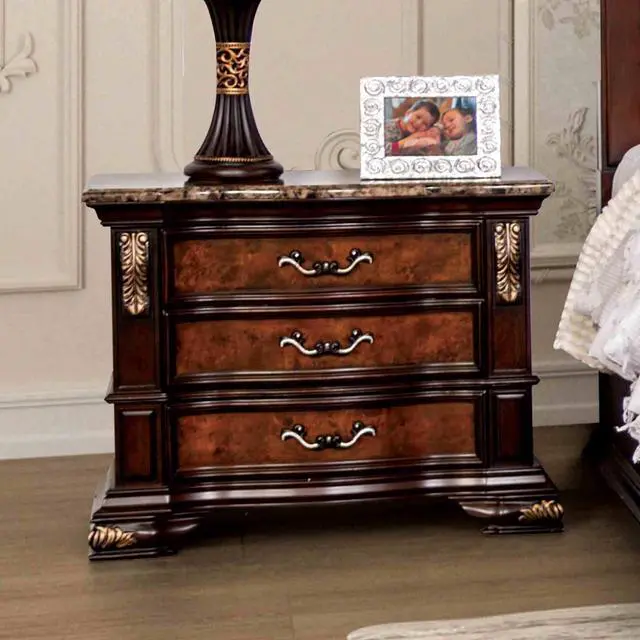 Alt view image 6 of 7 - Traditional Style 1Pc Nightstand Sintered Stone Top Usb Port Gold Carved Details English Dovetail Drawers Dark Cherry And Oak Finish Bedroom Furniture