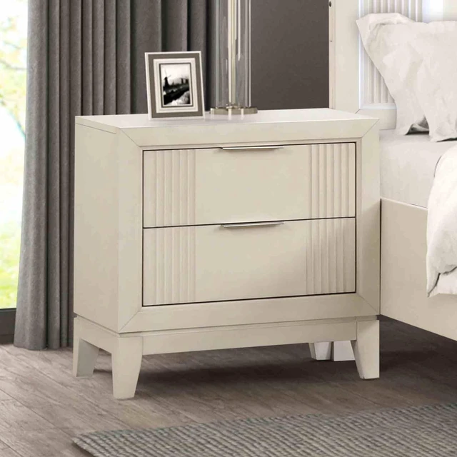 Main image of Transitional Style 1Pc Nightstand French And English Dovetail Drawers Chrome Handles Fluted Design Antique White Finish Bedroom Furniture