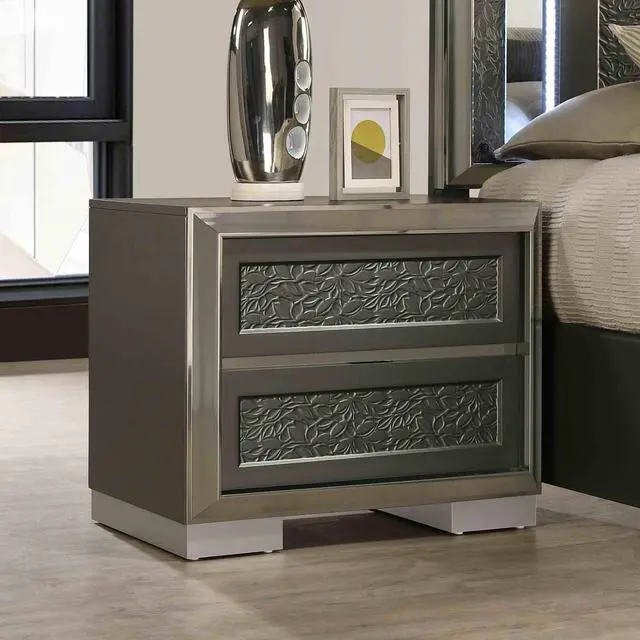 Main image of Contemporary Style 1Pc Nightstand Leaf Pattern Molding Bracketed Feet Metal Side Glide Dark Gray Finish Bedroom Furniture