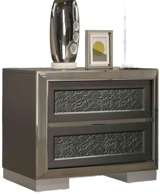 Alt view image 2 of 7 - Contemporary Style 1Pc Nightstand Leaf Pattern Molding Bracketed Feet Metal Side Glide Dark Gray Finish Bedroom Furniture