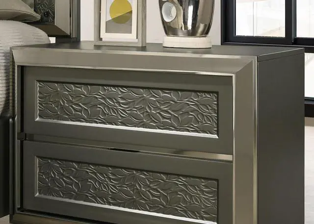 Alt view image 3 of 7 - Contemporary Style 1Pc Nightstand Leaf Pattern Molding Bracketed Feet Metal Side Glide Dark Gray Finish Bedroom Furniture