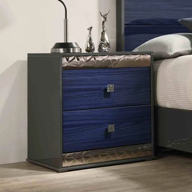 Main image of Glam Style 1Pc Nightstand Chrome Molding Metal Side Glide Ash Gray And Indigo Blue Finish Bedroom Furniture