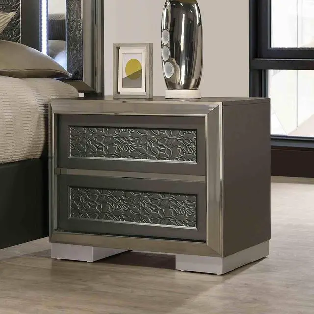 Alt view image 6 of 7 - Contemporary Style 1Pc Nightstand Leaf Pattern Molding Bracketed Feet Metal Side Glide Dark Gray Finish Bedroom Furniture