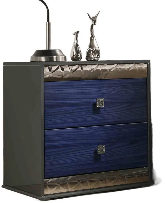 Alt view image 2 of 7 - Glam Style 1Pc Nightstand Chrome Molding Metal Side Glide Ash Gray And Indigo Blue Finish Bedroom Furniture