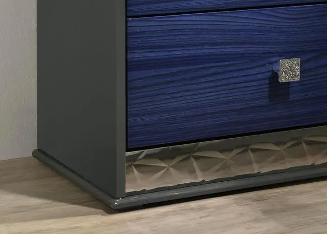Alt view image 3 of 7 - Glam Style 1Pc Nightstand Chrome Molding Metal Side Glide Ash Gray And Indigo Blue Finish Bedroom Furniture