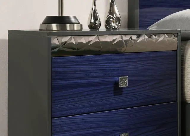 Alt view image 4 of 7 - Glam Style 1Pc Nightstand Chrome Molding Metal Side Glide Ash Gray And Indigo Blue Finish Bedroom Furniture