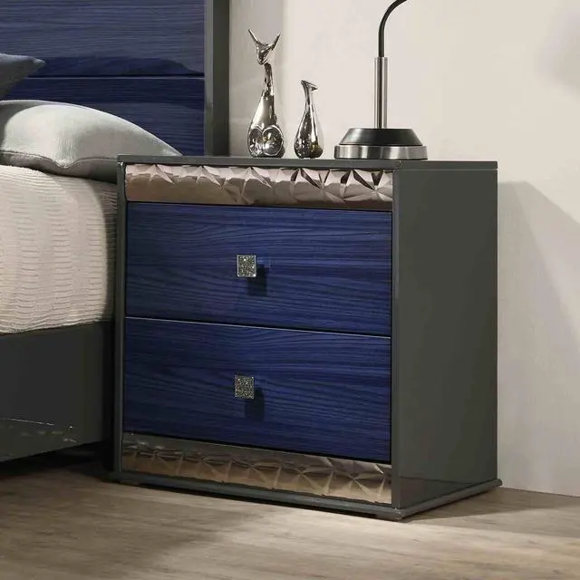 Alt view image 6 of 7 - Glam Style 1Pc Nightstand Chrome Molding Metal Side Glide Ash Gray And Indigo Blue Finish Bedroom Furniture