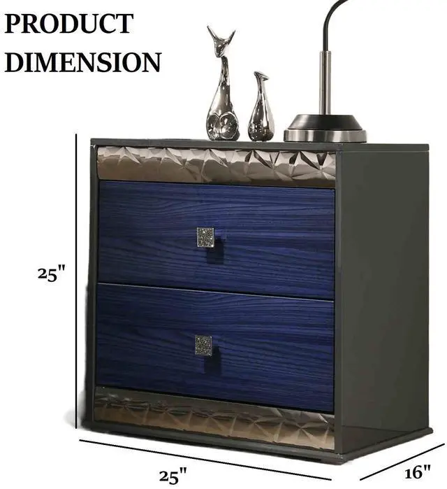 Alt view image 5 of 7 - Glam Style 1Pc Nightstand Chrome Molding Metal Side Glide Ash Gray And Indigo Blue Finish Bedroom Furniture