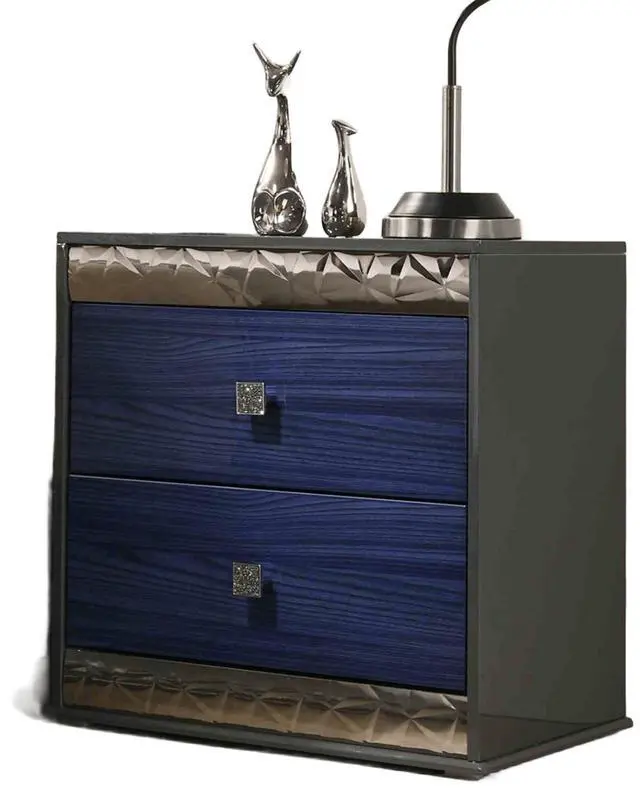 Alt view image 7 of 7 - Glam Style 1Pc Nightstand Chrome Molding Metal Side Glide Ash Gray And Indigo Blue Finish Bedroom Furniture