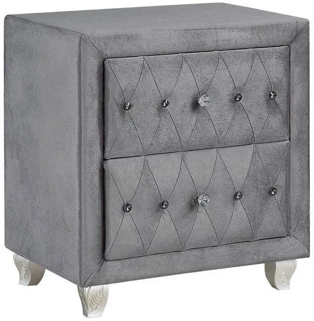 Alt view image 2 of 7 - Glam Style 1Pc Nightstand Button Tufted Full Upholstered Frame Acrylic Buttons Gray Finish Bedroom Furniture