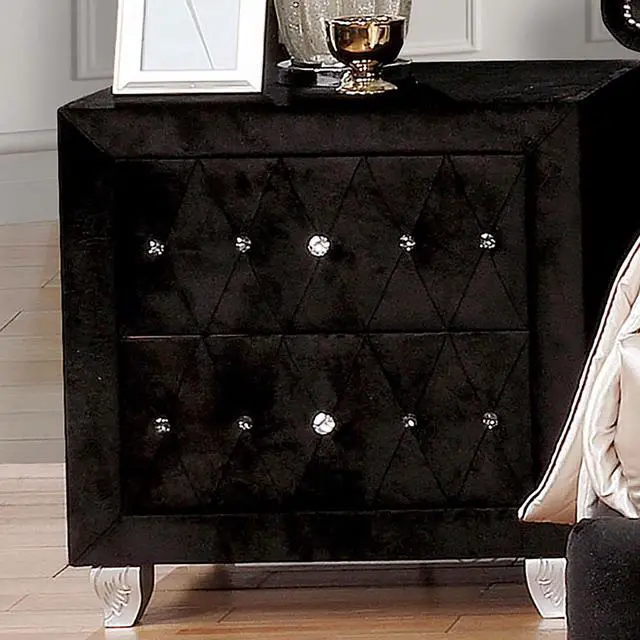 Alt view image 7 of 7 - Glam Style 1Pc Nightstand Button Tufted Full Upholstered Frame Acrylic Buttons Black Finish Bedroom Furniture
