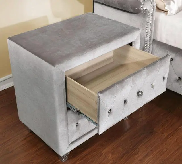 Alt view image 6 of 7 - Glam Style 1Pc Nightstand Button Tufted Full Upholstered Frame Acrylic Buttons Gray Finish Bedroom Furniture