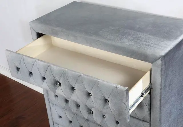 Alt view image 7 of 7 - Glam Style 1Pc Nightstand Button Tufted Full Upholstered Frame Acrylic Buttons Gray Finish Bedroom Furniture