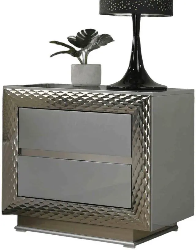 Alt view image 2 of 7 - Glam Style 1Pc Nightstand Plinth Base Silver Molding Felt Lined Top Drawer Gray Finish Bedroom Furniture