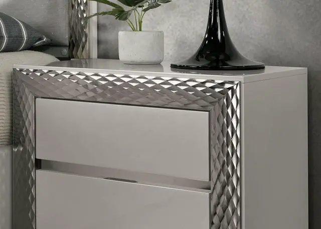 Alt view image 3 of 7 - Glam Style 1Pc Nightstand Plinth Base Silver Molding Felt Lined Top Drawer Gray Finish Bedroom Furniture