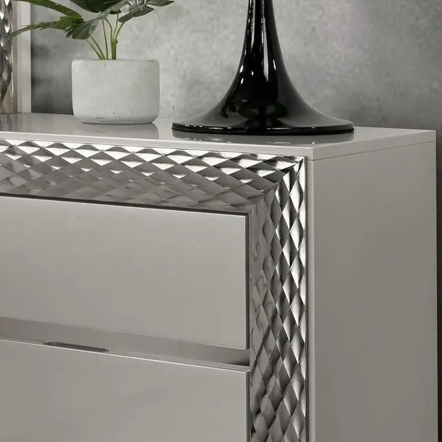 Alt view image 4 of 7 - Glam Style 1Pc Nightstand Plinth Base Silver Molding Felt Lined Top Drawer Gray Finish Bedroom Furniture