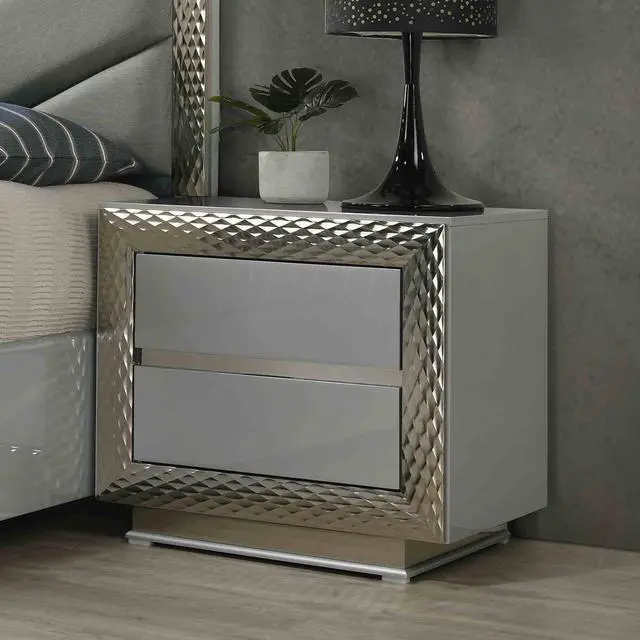 Alt view image 7 of 7 - Glam Style 1Pc Nightstand Plinth Base Silver Molding Felt Lined Top Drawer Gray Finish Bedroom Furniture