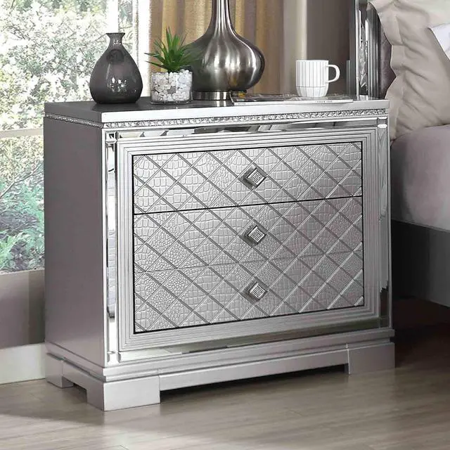 Main image of Glam Style Silver Finish 1Pc Nightstand Hidden Jewelry Drawer Usb Port Ball Bearing Glides Silver Finish Bedroom Furniture