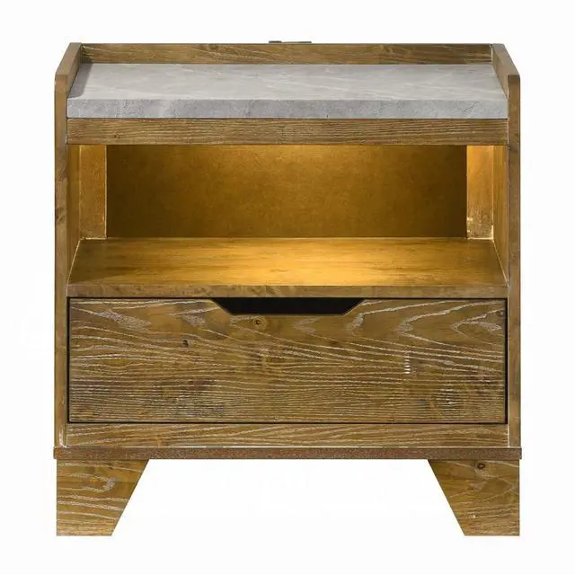 Alt view image 2 of 7 - Transitional Brown Finish Nightstand With Led Light Usb Ports Wooden Bedroom Furniture 1Pc Bedside Cabinet Drawer Shelf