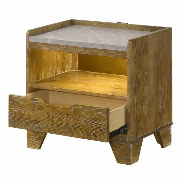 Alt view image 4 of 7 - Transitional Brown Finish Nightstand With Led Light Usb Ports Wooden Bedroom Furniture 1Pc Bedside Cabinet Drawer Shelf