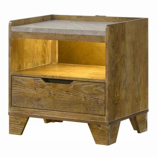 Alt view image 3 of 7 - Transitional Brown Finish Nightstand With Led Light Usb Ports Wooden Bedroom Furniture 1Pc Bedside Cabinet Drawer Shelf