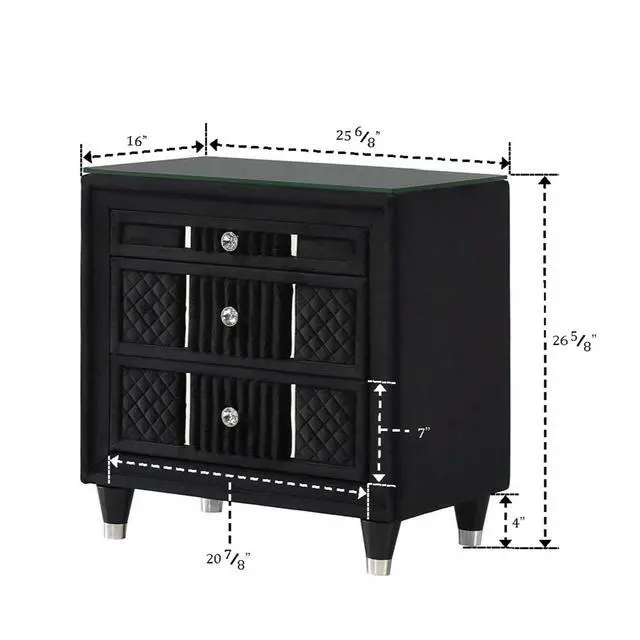 Alt view image 3 of 7 - Contemporary 1Pc Nightstand Black Velvet Upholstery Textured Look Luxurious Feel Velvet Drawer Fronts Crystal-Style Knobs