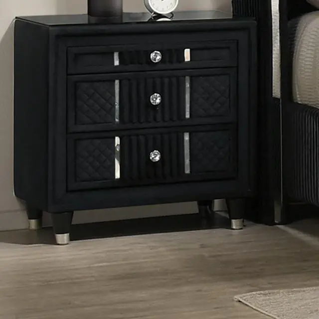 Alt view image 2 of 7 - Contemporary 1Pc Nightstand Black Velvet Upholstery Textured Look Luxurious Feel Velvet Drawer Fronts Crystal-Style Knobs