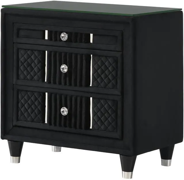 Main image of Contemporary 1Pc Nightstand Black Velvet Upholstery Textured Look Luxurious Feel Velvet Drawer Fronts Crystal-Style Knobs