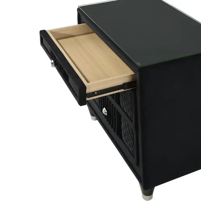 Alt view image 4 of 7 - Contemporary 1Pc Nightstand Black Velvet Upholstery Textured Look Luxurious Feel Velvet Drawer Fronts Crystal-Style Knobs