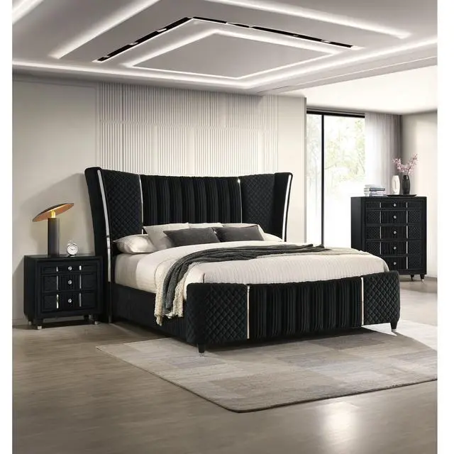 Alt view image 6 of 7 - Contemporary 1Pc Nightstand Black Velvet Upholstery Textured Look Luxurious Feel Velvet Drawer Fronts Crystal-Style Knobs