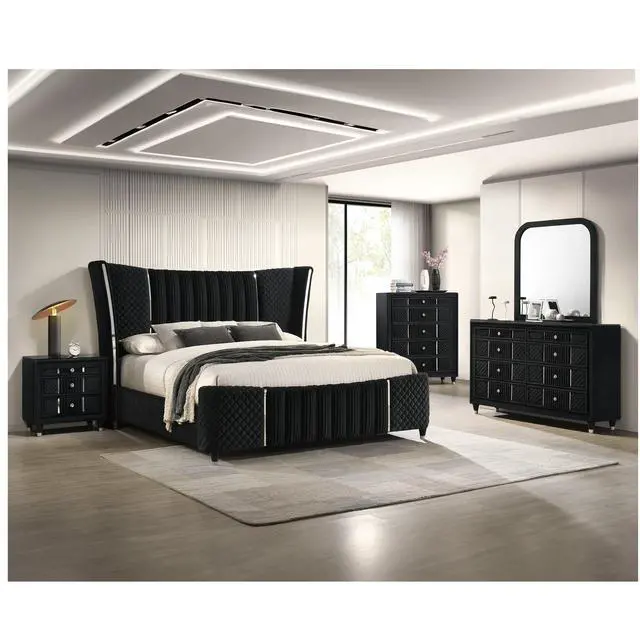 Alt view image 7 of 7 - Contemporary 1Pc Nightstand Black Velvet Upholstery Textured Look Luxurious Feel Velvet Drawer Fronts Crystal-Style Knobs